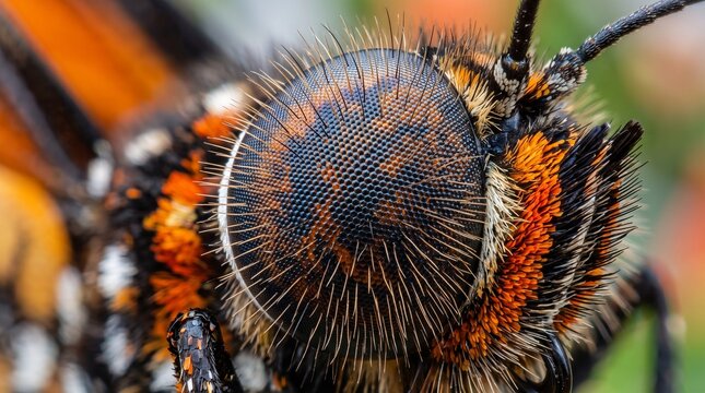 Detailed macro photograph of monarch butterfly compound eye surrounded by dense orange sensory hairs