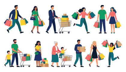 Fototapeta premium Diverse people shopping collection set with happy characters holding paper bags pushing grocery carts carrying boxes isolated flat cartoon vector illustration