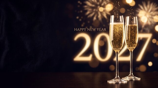 Happy new year 2027 celebration with two glasses of champagne and fireworks in the background