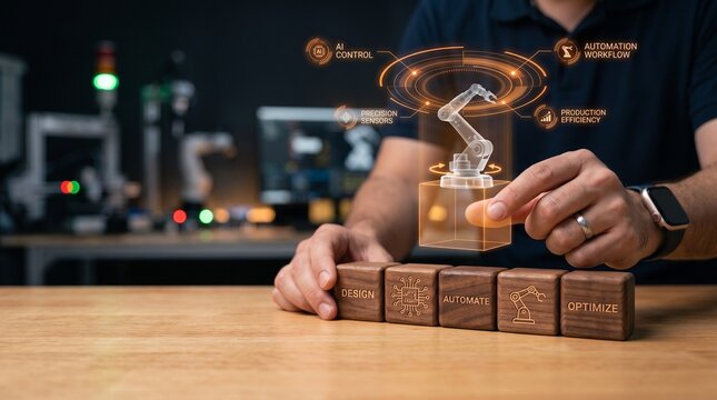 Industrial automation concept with robotic arm hologram and wooden blocks representing design, automate, and optimize process