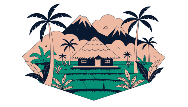 tropical landscape with hut and palm trees