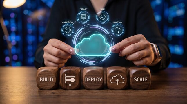 Cloud computing concept with digital cloud icon and wooden blocks with build, deploy, and scale text on a desk