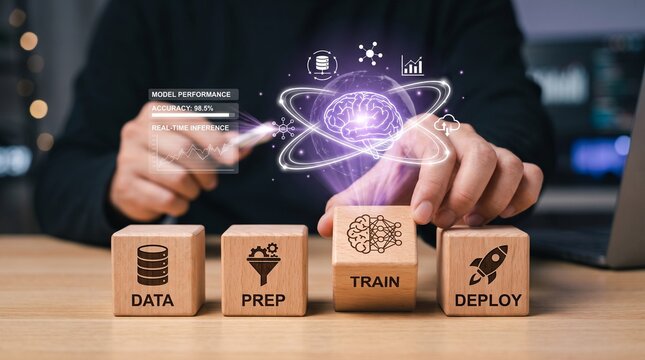 Machine learning and artificial intelligence concept with wooden blocks representing data, preparation, training, and deployment