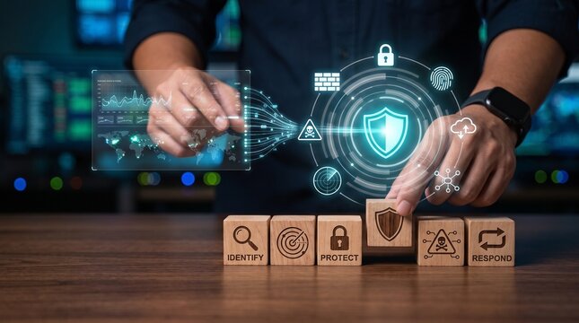 Cybersecurity professional managing network security with digital interface and wooden blocks representing nist framework
