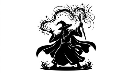 Fototapeta premium Black and white vector illustration of a wizard casting powerful magic