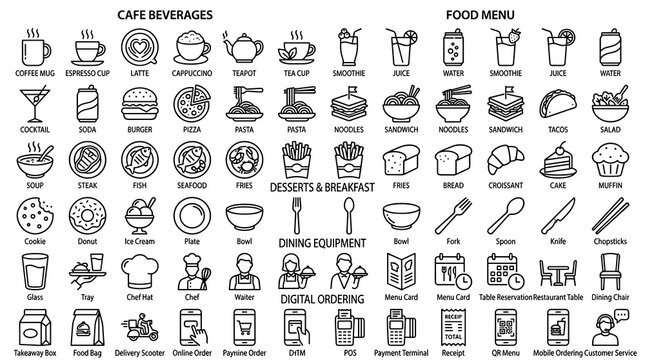 Modern Restaurant Cafe Web Icon Collection with Food Menu, Coffee, Beverages, Desserts, Dining Service and Online Ordering Symbols