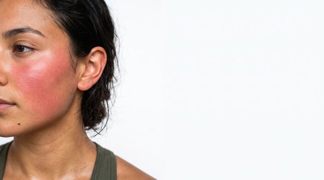 Side View of Woman Face Showing Red Flushed Cheek Erythema with White Copy Space