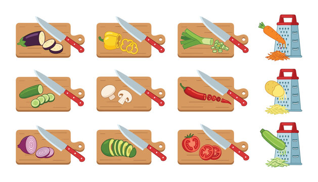 Fresh Vegetables Slicing and Grating Cooking Process Vector Set with Chopping Board Kitchen Knife Box Grater and Ingredient Preparation Icons