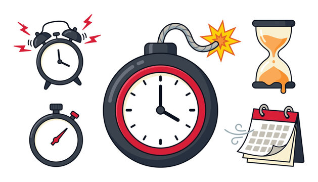 Flat cartoon time and deadline vector elements including ticking bomb timer, alarm clock, stopwatch, hourglass, and calendar schedule icons.