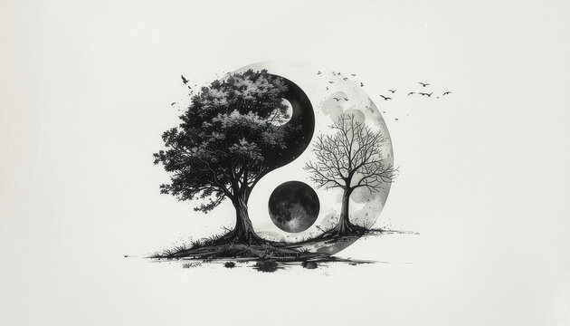 Black and White Yin Yang Symbol with Trees and Moon Illustration