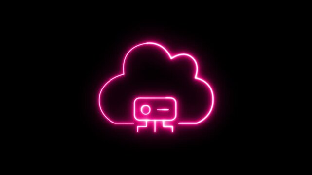 Glowing neon pink cloud computing server outline animation on a black background, data storage, network hosting, database transfer, or web backup