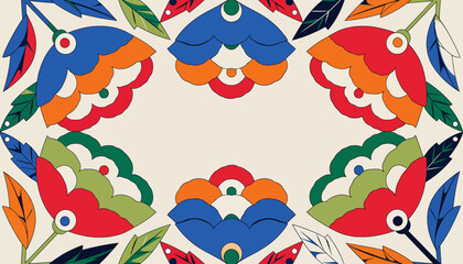Obraz premium Vibrant floral motif frame, decorative ornamental pattern, colorful folk art inspired design with leaves and stylized flowers, bright festive background