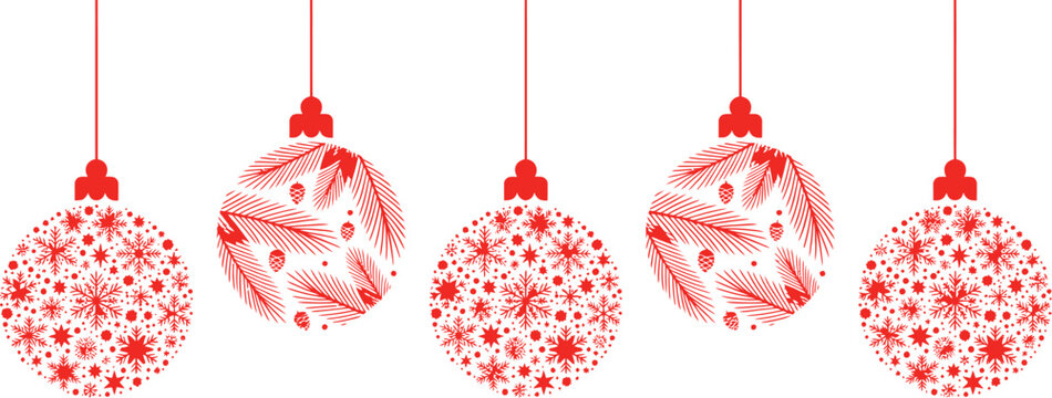 Red Christmas baubles with snowflake and feather patterns, hanging holiday ornaments on strings, festive winter decoration vector EPS
