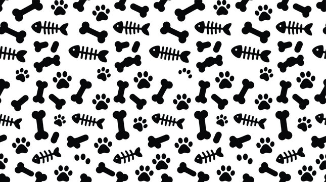 Seamless pattern with black hand drawn paw prints bones and fish skeletons on a simple white background