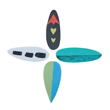 A set of multi corol surfboards made by colorful torn paper.