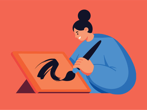 Woman drawing lambda symbol on tablet