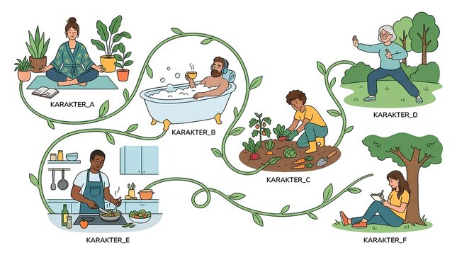 Cartoon infographic showing people engaging in various wellness and daily life activities.