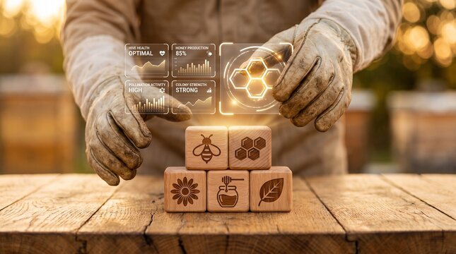 Beekeeper interacting with a digital interface showing hive health, honey production, pollination activity, and colony strength