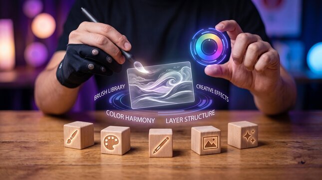 Digital artist using futuristic holographic interface with floating icons and tools for creative design and illustration work