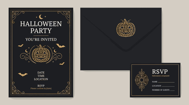 Elegant Halloween party invitation set vector design template with golden line art pumpkin and ornate frame
