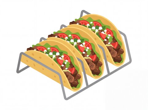 Isometric beef tacos in metal stand isolated on white