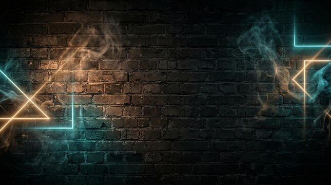 Glowing neon triangles cast vibrant blue and amber light against a weathered brick wall, creating a dynamic interplay of shadow and luminance that evokes urban nightlife and digital energy