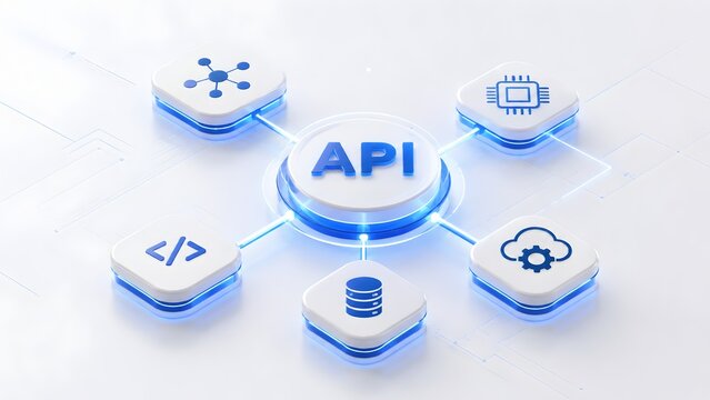 3D isometric API concept showing digital integration, cloud services and software connectivity.