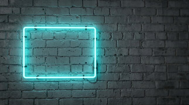 A glowing cyan neon rectangle mounted on a textured dark brick wall creates a striking visual contrast that draws the eye and adds vibrant energy to the urban setting