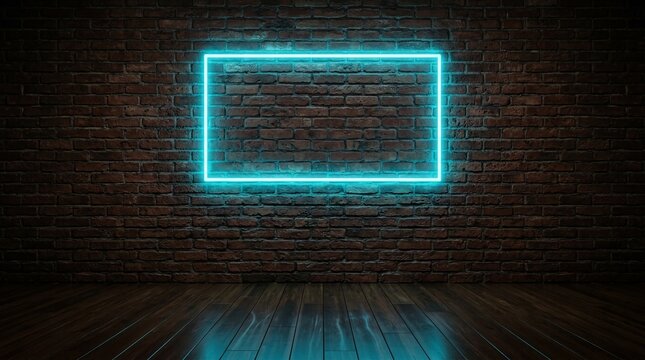 A glowing cyan neon rectangle casts a soft luminous reflection across a polished wooden floor beneath a weathered brick wall in a dimly lit urban interior space that evokes mystery and ambiance