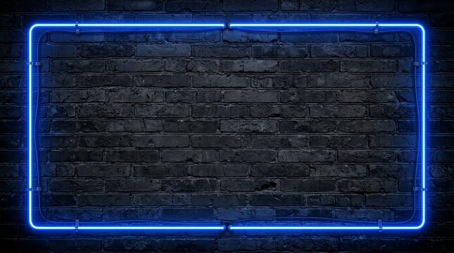 A glowing blue neon rectangle frames an empty space against a dark textured brick wall, casting a cool ambient light that contrasts with the rough surface behind it