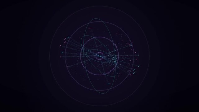 Abstract digital sphere with glowing orbital lines and data particles