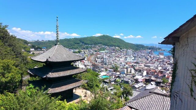 Tenneiji Three-Story Pagoda Overlooking Onomichi City, Hiroshima, Japan