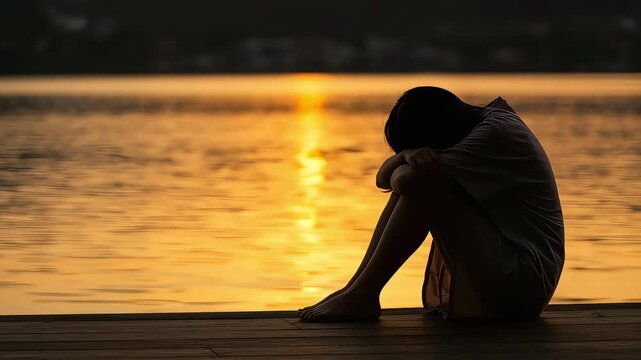 夕暮れの海辺で膝を抱えて座る女性のシルエット