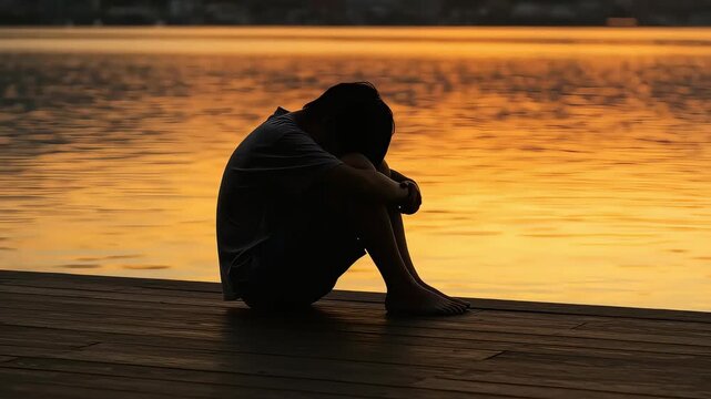 夕暮れの桟橋で膝を抱えて座り込む人影