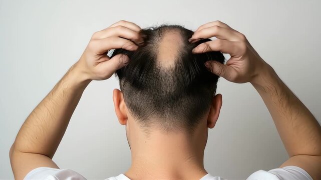 後頭部の薄毛部分を手で触り確認する男性