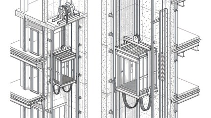 Fototapeta premium Creative Architectural Elevator Shaft and Hoist Mechanism Detailed Technical Line Drawing in Monochrome