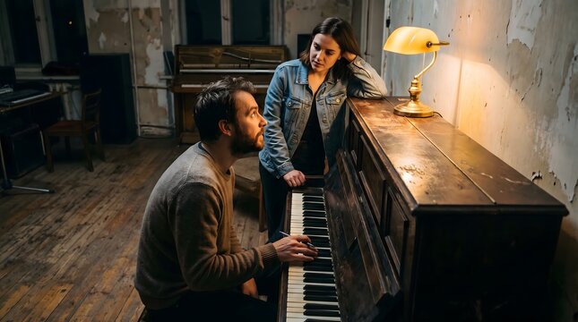 Man and woman composing music at upright piano indoors