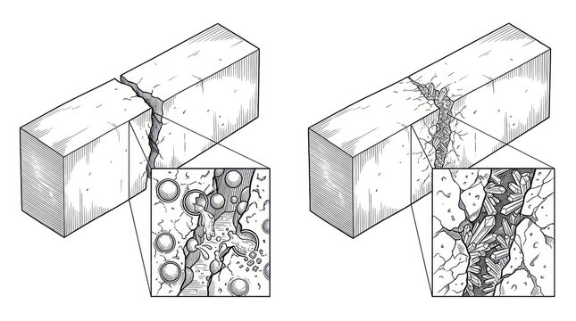 Industrial of Cracked Concrete Structures with Detailed Cross Sections Showing Internal Damage and Material Composition
