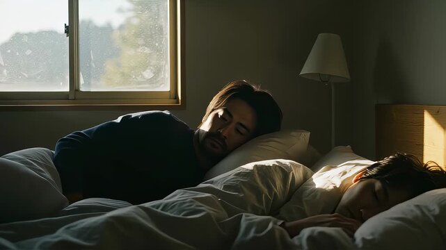 朝の光が入るベッドで静かに眠る二人
