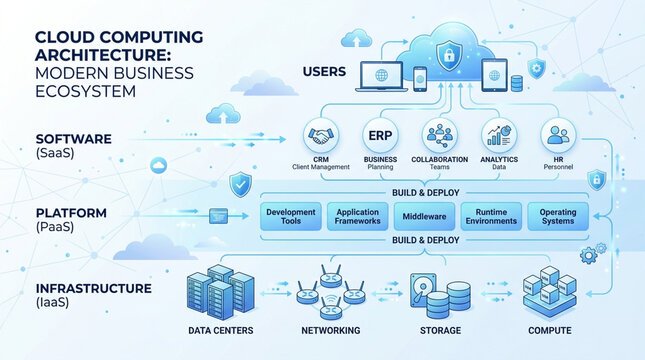 Cloud Computing Architecture Infographic Showing SaaS PaaS and IaaS Modern Business Ecosystem
