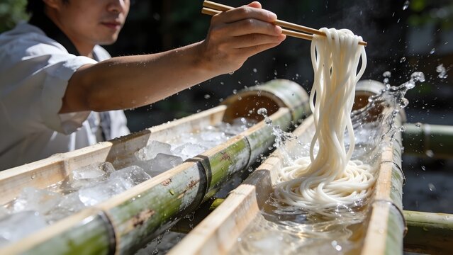 High Speed Action Nagashi Somen Cold Noodles Flowing Down Split Bamboo Flume