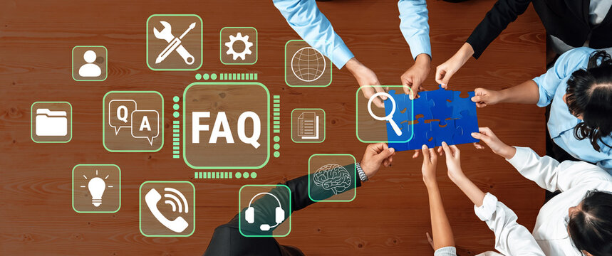 Collaborative Teamwork for Problem-Solving with FAQ Concept, Puzzle Piece, Tools, and Communication Icons on a Wooden Surface Fluxor.