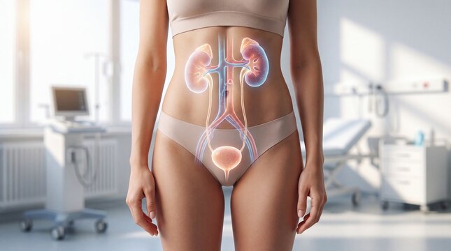 Female urinary system anatomy with a glowing 3D hologram overlay, Digital visualization of kidneys and bladder on a woman's body in a clinical setting