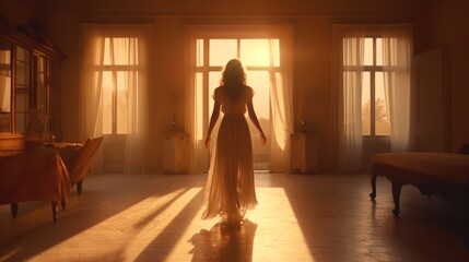 Naklejka premium Woman in White Gown at Golden Hour
