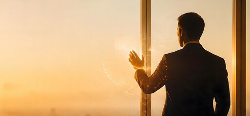 Plakat Businessman gazing at sunset through office window.