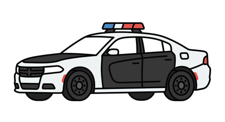 A simple flat vector illustration of a white and black police car with lights. © Kopi