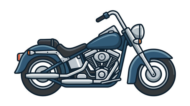 A stylized flat vector illustration of a classic blue cruiser motorcycle isolated on white background.