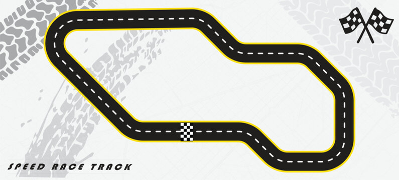 Race track in black color with tyre marks and city map on a white background.