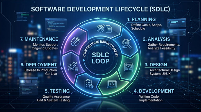 Software Development Lifecycle SDLC Infographic with 7 Steps Process and Continuous Improvement