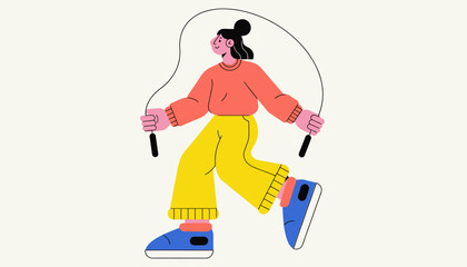 Fototapeta premium Woman jumping rope, illustration of girl in casual clothes